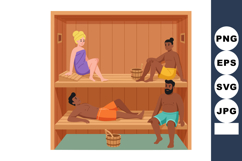 Diverse group relaxing in wooden sauna interior with towels Product Image 1