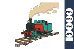 Steam locomotive train on railway tracks with billowing smok Product Image 1