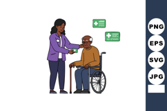 Female Nurse Assisting Elderly Man in Wheelchair with Medica Product Image 1