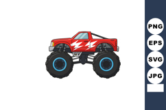 Red monster truck with blue rims and lightning bolt graphic Product Image 1