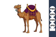 Camel with decorative purple and orange saddle and tassels v Product Image 1