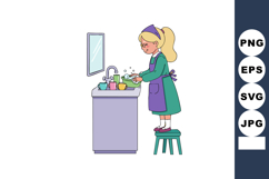 Girl Washing Dishes at Sink Standing on Stool in Kitchen Vec Product Image 1