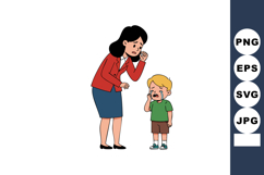 Mother comforting crying son in red jacket and green shirt v Product Image 1