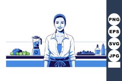 Woman standing behind counter with blender and fresh fruits Product Image 1