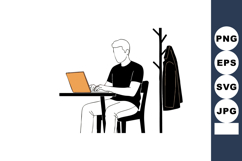 Man working on laptop at table with coat rack and jacket in Product Image 1