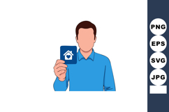 Man holding house icon card in blue shirt real estate concep Product Image 1