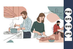 Family cooking dinner together in modern kitchen preparing h Product Image 1