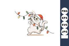 White cat wearing santa hat hanging colorful christmas light Product Image 1