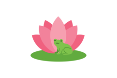 Green frog sitting peacefully on green grass beside a pink l Product Image 1