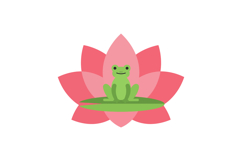 Green frog sitting serenely on a lily pad surrounded by pink Product Image 1