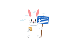 Cheerful white rabbit holding a welcome sign and a small bui Product Image 1