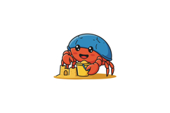 Happy crab building a sandcastle with a yellow bucket in a p Product Image 1