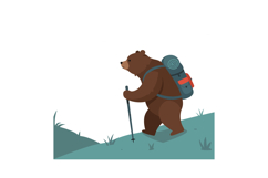 A bear hiking up a gentle slope with a backpack in a flat ve Product Image 1