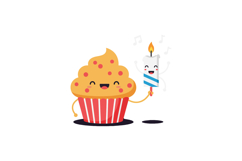 Happy cupcake character holding a birthday candle in a playf Product Image 1