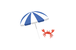 A cheerful red crab under a blue and white striped beach umb Product Image 1