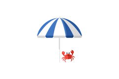 Red crab sitting underneath a blue and white striped beach u Product Image 1