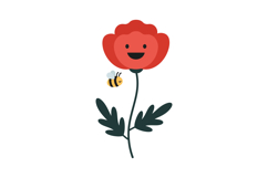 Happy red flower with smiling face and buzzing bee in flat v Product Image 1