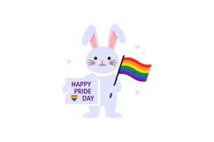 Cheerful bunny holding a rainbow flag and sign in flat vecto Product Image 1