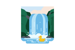 A cheerful yellow rubber duck swimming in a serene waterfall Product Image 1