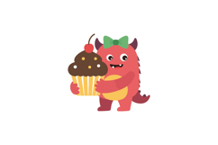 Cute red monster character holding a large cupcake with a ch Product Image 1