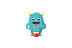 Cheerful blue monster playing a red drum in a flat vector il Product Image 1