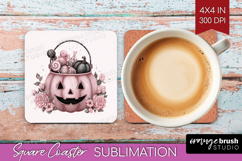 Jack-o-Lantern Cute Square Coaster Pink Halloween Coaster Product Image 1