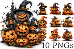 Jack O Lantern Clipart Bundle - 10 Witch Hat Transparent PNG Product Image 1