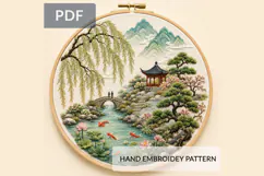 Japanese Garden Embroidery Pattern PDF Koi Pond Landscape Product Image 1