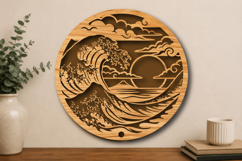 Japanese Great Wave Round Laser Cut SVG Product Image 1