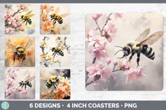 Bundle of six Watercolor Bees Square Coaster designs.
