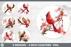 Bundle of six Watercolor Cardinals Round Coaster designs.