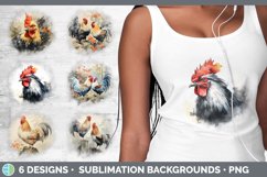 Bundle of six Watercolor Chickens Grunge Background designs.