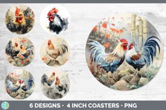 Bundle of six Watercolor Chickens Round Coaster designs.