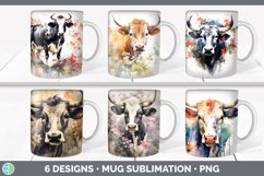 Bundle of six Watercolor Cows Mug Wrap designs.