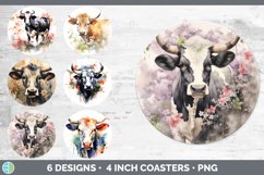 Bundle of six Watercolor Cows Round Coaster designs.