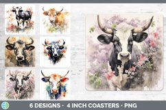 Bundle of six Watercolor Cows Square Coaster designs.