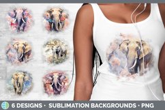 Bundle of six Watercolor Elephants Grunge Background designs.