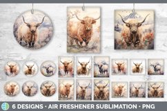 Bundle of six Watercolor Highland Cows Air Freshener designs.