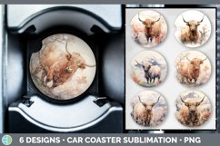 Bundle of six Watercolor Highland Cows Car Coaster designs.
