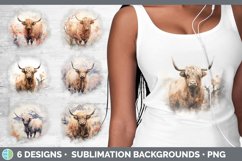 Bundle of six Watercolor Highland Cows Grunge Background designs.