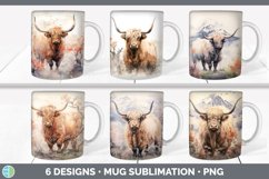 Bundle of six Watercolor Highland Cows Mug Wrap designs.