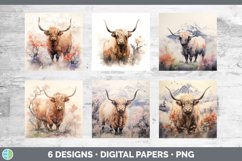 Bundle of six Watercolor Highland Cows Paper Backgrounds designs.