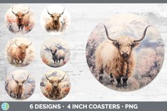 Bundle of six Watercolor Highland Cows Round Coaster designs.