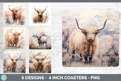 Bundle of six Watercolor Highland Cows Square Coaster designs.