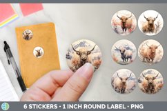 Bundle of six Watercolor Highland Cows Stickers designs.