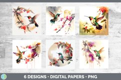 Bundle of six Watercolor Hummingbirds Paper Backgrounds designs.