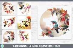 Bundle of six Watercolor Hummingbirds Square Coaster designs.
