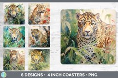 Bundle of six Watercolor Jaguars Square Coaster designs.