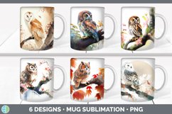 Bundle of six Watercolor Owls Mug Wrap designs.