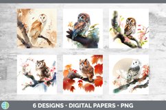 Bundle of six Watercolor Owls Paper Backgrounds designs.